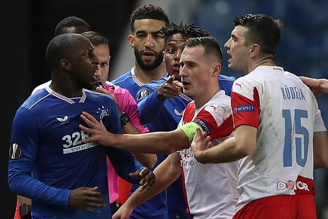 Glen Kamara of Rangers clashes with Ondrej Kudela of Slavia Praha during the UEFA Europa League Round of 16 Second Leg match