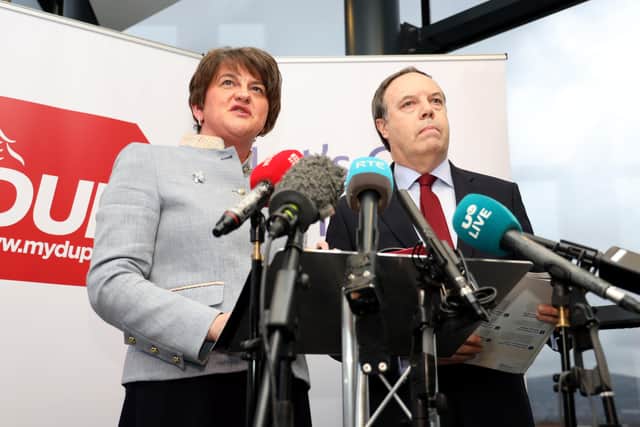 DUP leader Arlene Foster and deputy leader Nigel Dodds at the party’s manifesto launch for the 2019 general election