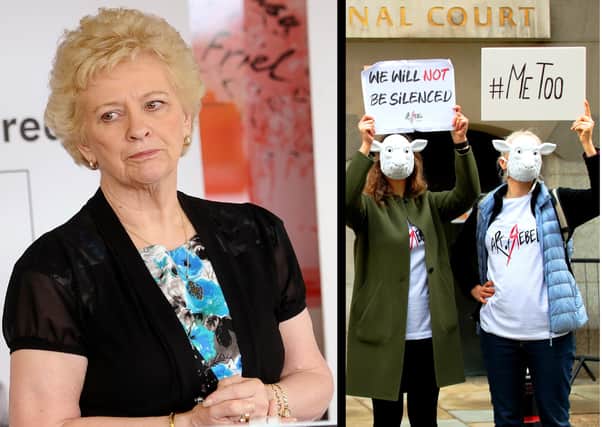 Left, Baroness O’Loan, Right, anti 'gendered violence' protestors this week in London