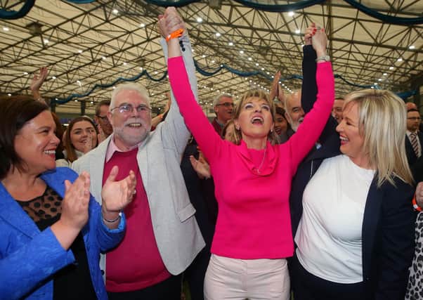 Mary Lou McDonald, president of Sinn Fein, with the party's Stormont leader Michelle O'Neill, right,, celebrates Martina Anderson, centre, being re-elected MEP in 2019. Anderson is one of the politicians made a minister by Sinn Fein despite a past terrorist record