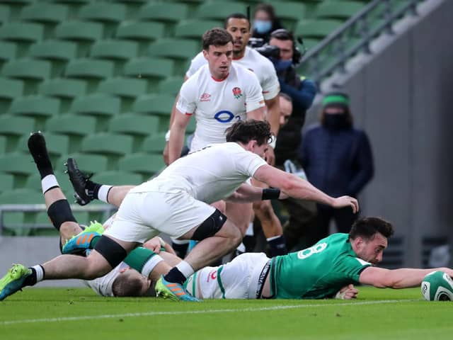 Ireland’s Jack Conan scores their second try during the Guinness Six Nations match against England