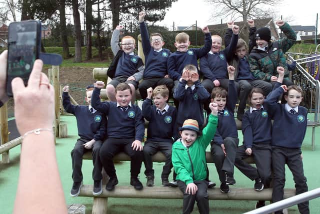 The boys of P5 at Braniel Primary School in Belfast have their return to school this morning after the lockdown break recorded for posterity!
PICTURE BY STEPHEN DAVISON