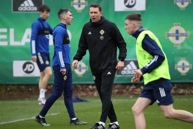 Northern Ireland boss Ian Baraclough during Monday's training session. Pic by PressEye Ltd.