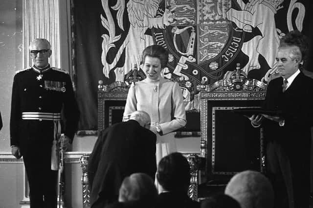 Princess Anne handing over insignia and awards in the Throne Room of Hillsborough Castle in March 1982. Picture: Bob Hamilton/News Letter archives