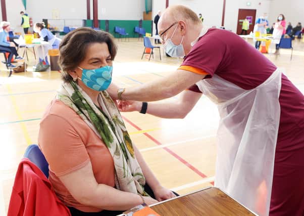 Northern Ireland's First Minister Arlene Foster pictured at the Castle Park Leisure Centre in Lisnaskea, Co Fermanagh where she received her vaccination from local GP Dr John Porteous.

Photo by Kelvin Boyes / Press Eye.