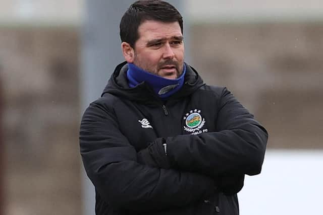 Linfield boss David Healy watching from the sidelines on Saturday evening. Pic by Pacemaker.