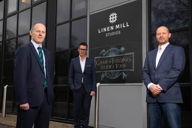 Pictured are (l-r) Gavin Campbell, Barclays Relationship Director; Mark Johnston, Linen Mill Studios Group Finance Director and Andrew Webb, Director at Linen Mill Studios.