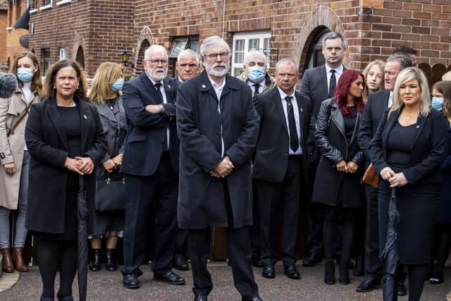 Sinn Fein leader Mary Lou McDonald, ex leader Gerry Adams, and northern leader Michelle O'Neill with other Sinn Fein members at the Bobby Storey funeral last year. The funeral organisers were Sinn Fein, who sit on the executive that wrote Covid rules. Liam McBurney/PA