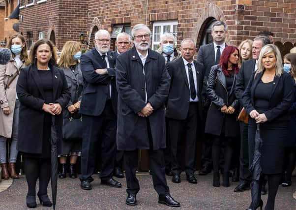Sinn Fein leader Mary Lou McDonald, ex leader Gerry Adams, and northern leader Michelle O'Neill with other Sinn Fein members at the Bobby Storey funeral last year. The funeral organisers were Sinn Fein, who sit on the executive that wrote Covid rules. Liam McBurney/PA