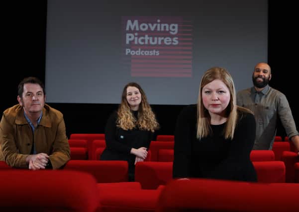 Film Hub NI's Hugh Odling-Smee is pictured with QFT's Ellen Reay, Film Hub NI's Sara Gunn-Smith and Eximo Marketing's Andi Jarvis at the QFT, Belfast for the launch of the Moving Pictures Podcast Series.