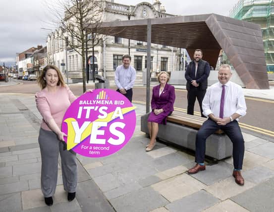 Emma McCrea, Ballymena BID Manager with Andrew Storey, Boots Manager, Audrey Wales, Mid Antrim Borough Council, Roy Smith, Outdoor Adventure and Stephen Reynolds, BID Chair and owner of The Front Page Bar