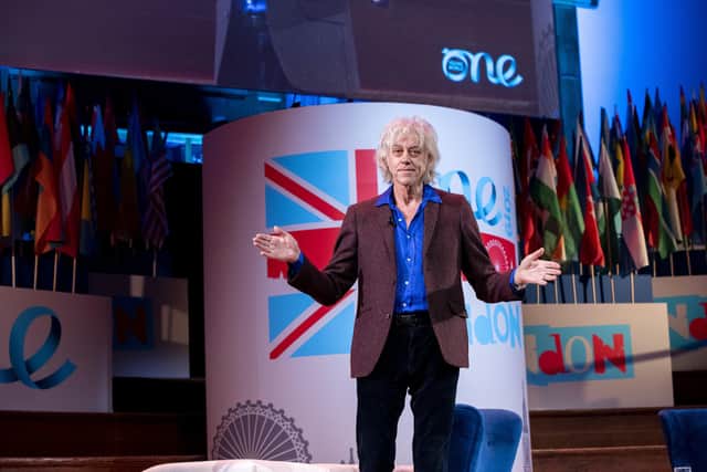Sir Bob Geldof addressing delegates at the virtual launch of One Young World Belfast 2023