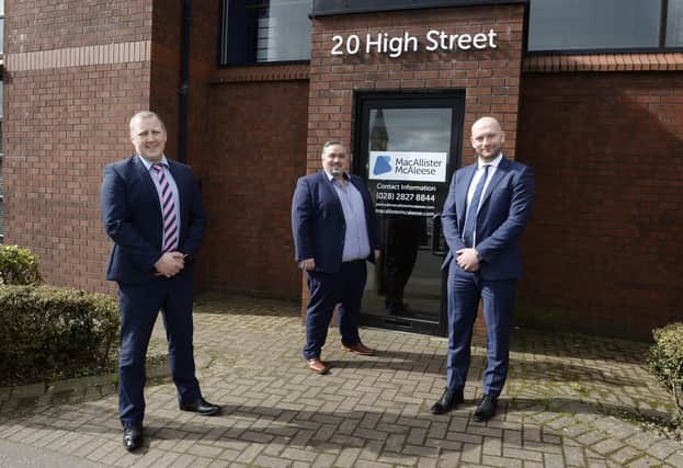 The partners of MacAllister McAleese, David McAleese and Kevin MacAllister are joined by Aaron Ennis, Head of North Business Centre at Danske Bank outside their offices in Larne