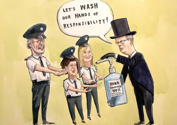 Gerry Adams, Mary Lou McDonald and Michelle O’Neill were at the funeral, the policing of which has led to calls for Simon Byrne to quit as chief constable.                 Cartoon by Brian John Spencer