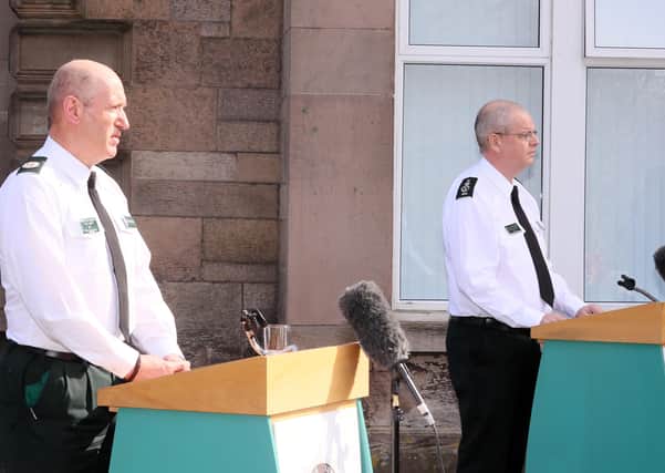 The PSNI Assistant Chief Constable Alan Todd and the 
Chief Constable Simon Byrne  speak after prosecutors said they will not be prosecuting anyone over the Bobby Storey funeral. According to the chief constable’s own apparent way of operating, he and Mr Todd should be suspended pending an investigation, says John McDermott. Picture by Jonathan Porter/PressEye