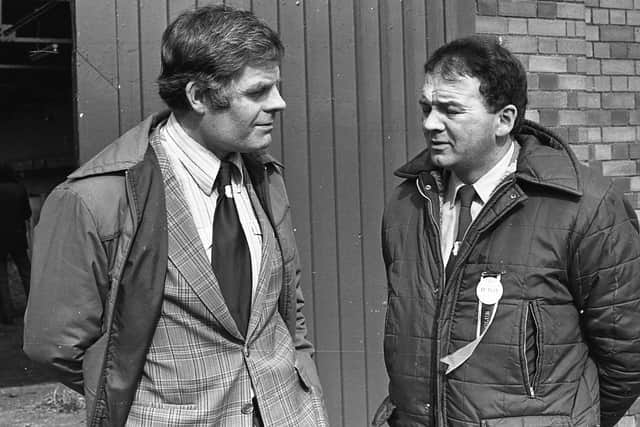 Mr William Robson, chairman of the Northern Ireland Simmental Cattle Club, with the judge Mr Hugo Maguire from Co Cavan at at the breed show and sale at Balmoral in March 1982, Picture: Farming Life archives