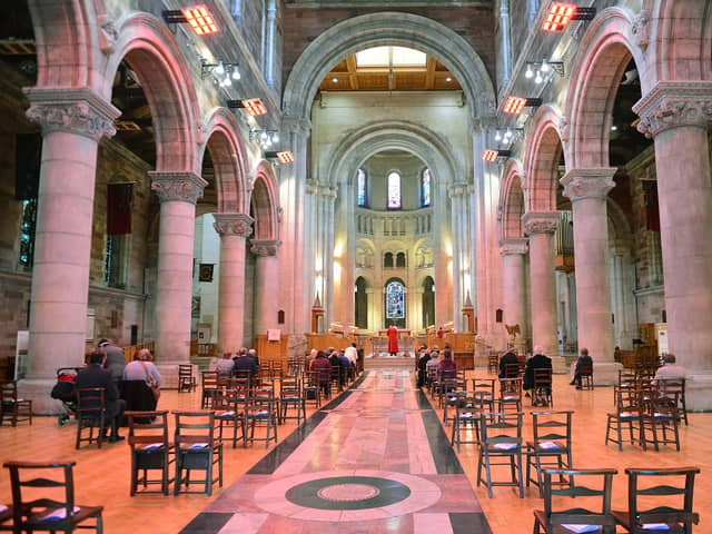 St Anne's Cathedral in Belfast reopens for an Easter Sunday service. Picture By: Arthur Allison/Pacemaker.