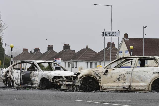 Cars damaged from the disorder in Newtownabbey are still on the road on Sunday morning.
Picture By: Arthur Allison/Pacemaker.