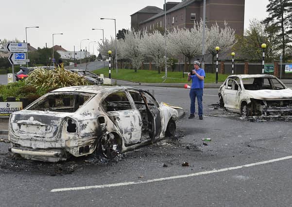 Cars were burnt out by loyalist rioters in Newtownabbey on Saturday night.
Picture By: Arthur Allison/Pacemaker.