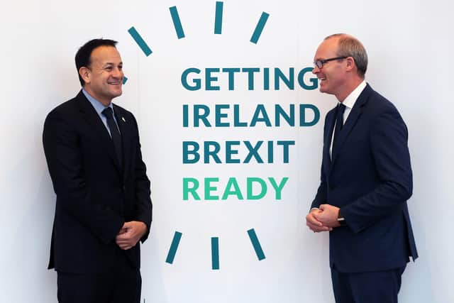 The then Fine Gael Taoiseach Leo Varadkar (left) and Foreign Affairs Minister Simon Coveney in 2018.  They took up their posts in the aftermath of Brexit. David Campbell writes: "Our opposition will be peaceful and consistent with the sound leadership shown by Arlene Foster. This is in stark contrast to the Irish government’s negotiating position which used the threat of violence to mislead the EU". Brian Lawless/PA