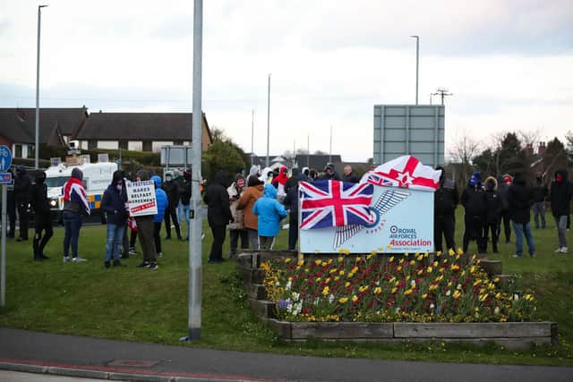 A protest at the Antiville roundabout in Larne earlier this week. Photo by Kelvin Boyes / Press Eye.