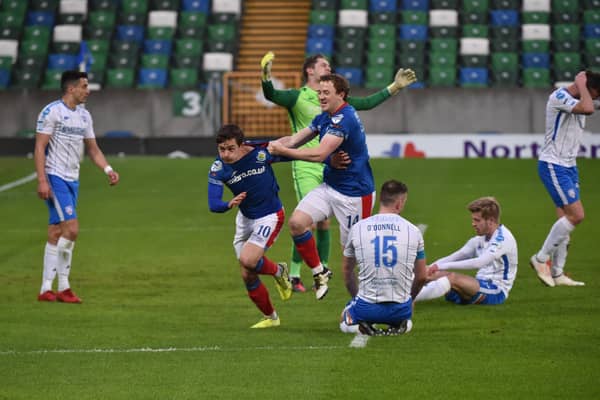 Jordan Stewart scored a first-half double as Linfield defeated Coleraine at Windsor Park. Pic by Pacemaker.