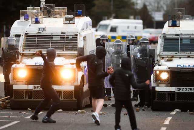 Nationalist youths clashing with the PSNI on the Springfield Road close to the peace line in west Belfast on Wednesday evening.  

Photo: Kelvin Boyes / Press Eye.