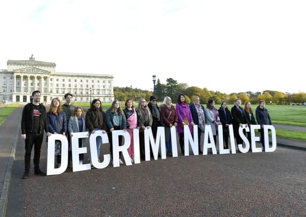 Pro-choice campaigners backed by Amnesty International pictured at Stormont ahead of the ruling to decriminalise abortion in Northern Ireland. Picture: 21 October, 2019
