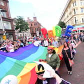 A gay pride march in Belfast, 05-08-2017