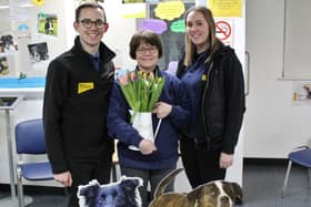 Marbeth Gilmour, Assistant Manager at Dogs Trust’s Rehoming Centre in Ballymena, is celebrating 30 years at the charity. She is pictured with Conor O’Kane, Rehoming Centre Manager at Dogs Trust Ballymena, and Sara Park