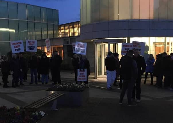 Protestors outside the Causeway Coast and Glens Council headquarters at Cloonavin, Coleraine on Tuesday night