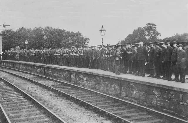 The Flu spread quickly amongst the ranks. WWI soldiers in Omagh Railway Station