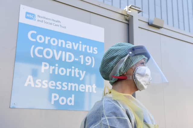 An Emergency Department Nurse during a demonstration of the Coronavirus pod and COVID-19 virus testing procedures set-up beside the Emergency Department of Antrim Area Hospital, Co Antrim in Northern Ireland.