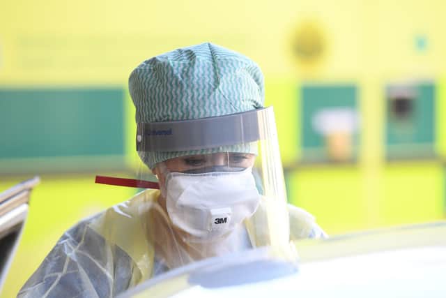 An Emergency Department Nurse during a demonstration of the Coronavirus pod and COVID-19 virus testing procedures set-up beside the Emergency Department of Antrim Area Hospital, Co Antrim in Northern Ireland