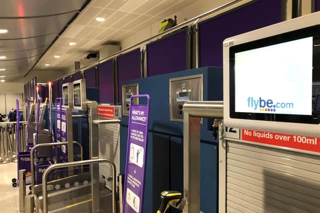 Unmanned check-in desks at Manchester Airport as Flybe, Europe's biggest regional airline, has collapsed into administration