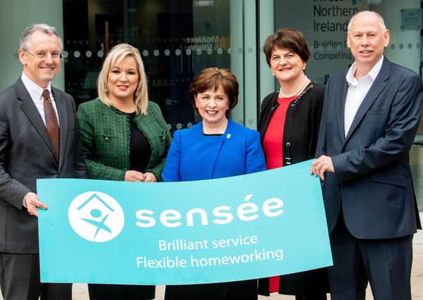 Kevin Holland, CEO, Invest NI , Deputy First Minister Michelle O’Neill, DfE Minister Diane Dodds, First Minister Arlene Foster and Rob Smale, COO, Sensée