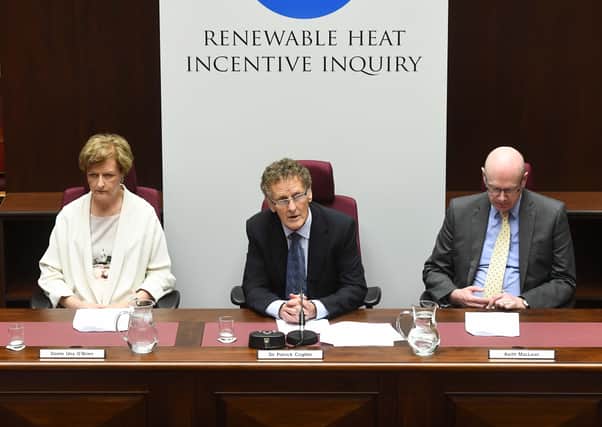 Sir Patrick Coghlin, centre, Dame Una O’Brien and Keith MacLean will next Friday publish their report into the RHI scandal