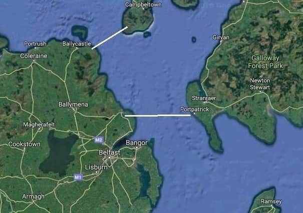 A map showing proposed routes for a proposed bridge linking Scotland and Northern Ireland; a new proposal put forward this week involves a tunnel rather than a surface bridge
