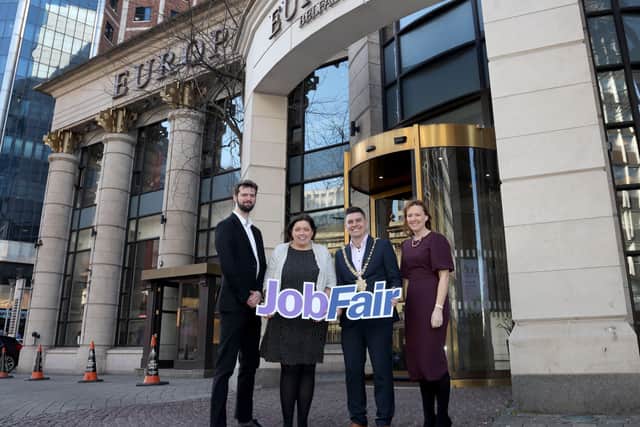 Minister for Communities Deirdre Hargey and Lord Mayor of Belfast Danny Baker, launch N.I. Job Fair with Claire Sinnaman of Translink and Euan Gantly from BT