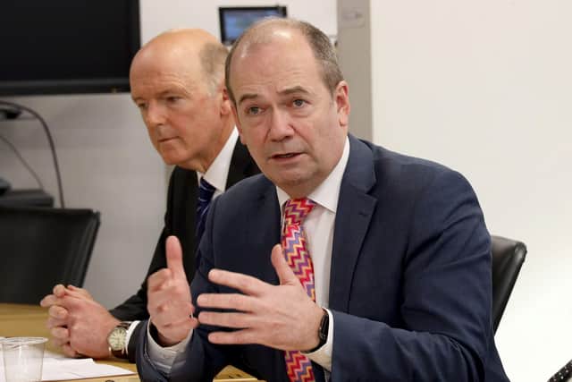 Dr Michael McBride, chief medical officer (foreground) and Dr Sloan Harper of the Health and Social Care Board at a Wednesday briefing on Covid-19