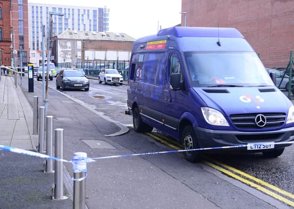 Pacemaker Press Belfast 10-03-2020: 
Police are investigate a report of an armed robbery of a cash-in-transit van in Belfast city centre. The Academy Street and Exchange Street areas have been cordoned off on Tuesday morning, while officers hold the scene.
Picture By: Arthur Allison/Pacemaker.