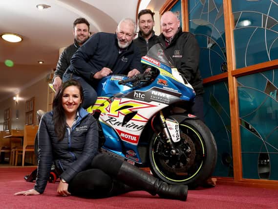 NW200 Event Director Mervyn Whyte with Leona Paul and Alan, Stephen and Mark Mulholland of Strain Engineering.