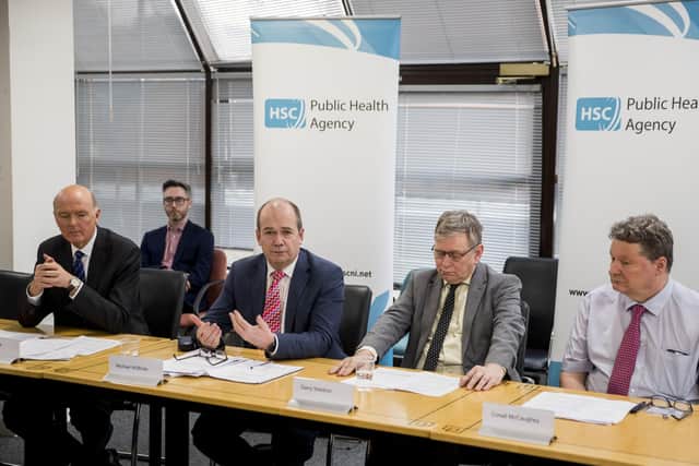(Left to right) Dr. Sloan Harper GP and Director of Integrated Care, Chief Medical Officer for Northern Ireland Dr Michael McBride, Dr. Gerry Waldron, Assistant Director of Public Health (Health Protection) at the PHA, and Dr. Conall McCaughey, clinical virologist, during a a Covid-19 briefing in Belfast on Tuesday. Photo: Liam McBurney/PA Wire