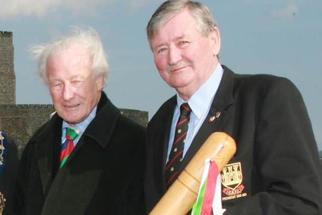 Jim Simms (right) with legendary rugby player, the late Jack Kyle at a Carrick Rugby 7s launch.