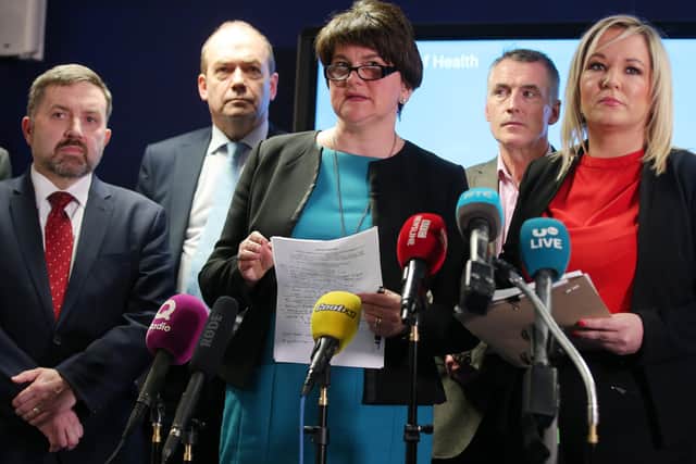 First Ministers Arlene Foster and Michelle O'Neill and other ministers brief the media about the latest coronavirus situation. Picture by Jonathan Porter/PressEye