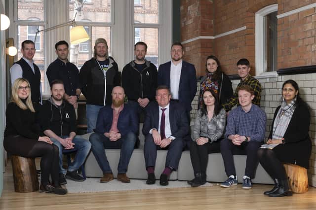 The founders of the Ignite NI Accelerator 2020 programme are pictured with (FR middle) Stephen Wightman, Director for Technology Solutions & New Product Development at Invest NI and (FR second left) Chris McClelland, Programme Director of Ignite NI