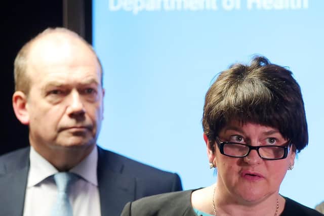 First minister Arlene Foster and Chief Medical Officer Dr Michael McBride pictured at a press conference following the meeting. 

Picture by Jonathan Porter/PressEye