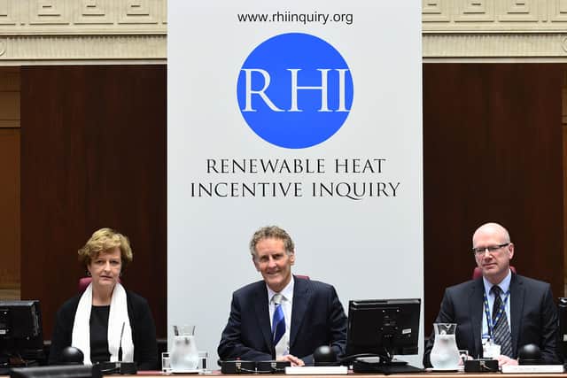 The chairman of the Renewable Heat Incentive Inquiry, the Right Honourable Sir Patrick Coghlin pictured with the inquiry panel member Dame Una O'Brien, left, and technical expert Dr Keith MacLean OBE, right, in September 2017, at the outset of the hearings. The inquiry reported today, Friday March 13 2020. 
Pic Colm Lenaghan/Pacemaker