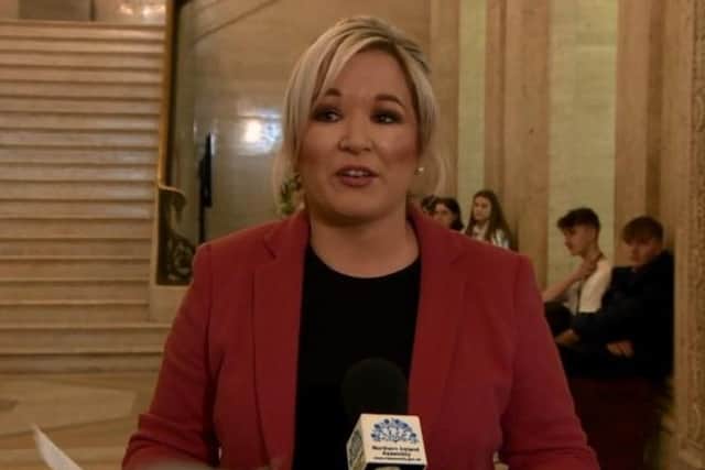 BBC screengrab of Michelle O'Neill at Parliament Buildings, Stormont