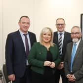 Discussing the £126m of Growth Deal funding pledged by the UK government are Councillor Cathal Mallaghan, Chair of the Mid South West Steering Group, deputy First Minister Michelle O’Neill, Roger Wilson, Chief Executive of Armagh City, Banbridge and Craigavon Borough Council, Professor Gordon Matheson, Councillor Robert Irvine